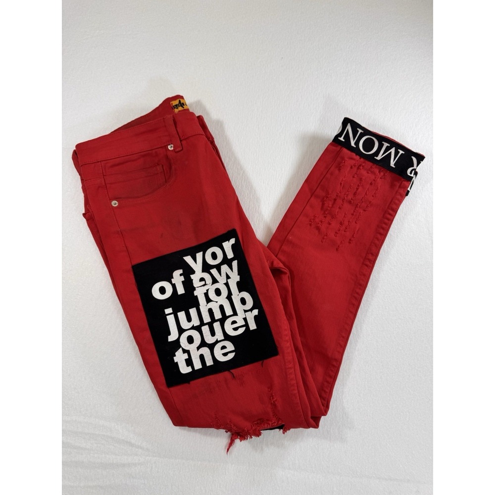 RARE Mariano Denim Mens Skinny Jeans 33x28 Red Button Fly Y2K Distressed